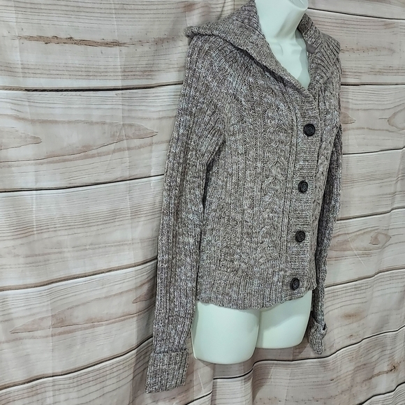 GAP cardigan sweater collared cable knit button front marled brown khaki tan M - Picture 3 of 8